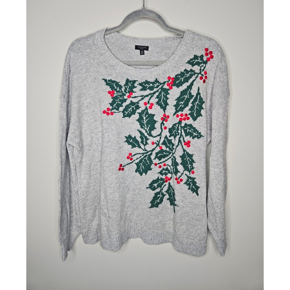 Talbots Sweater Petite PXL Gray Embroidered Christmas Holiday Cotton Merino Wool